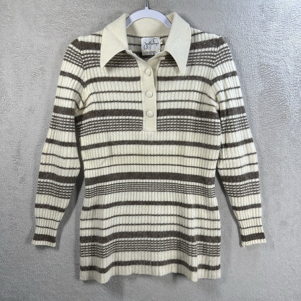 Jonathan Logan Wool Angora Sweater Cream 70s Collared Ivory Stripe Ribbed Sz‎ 13